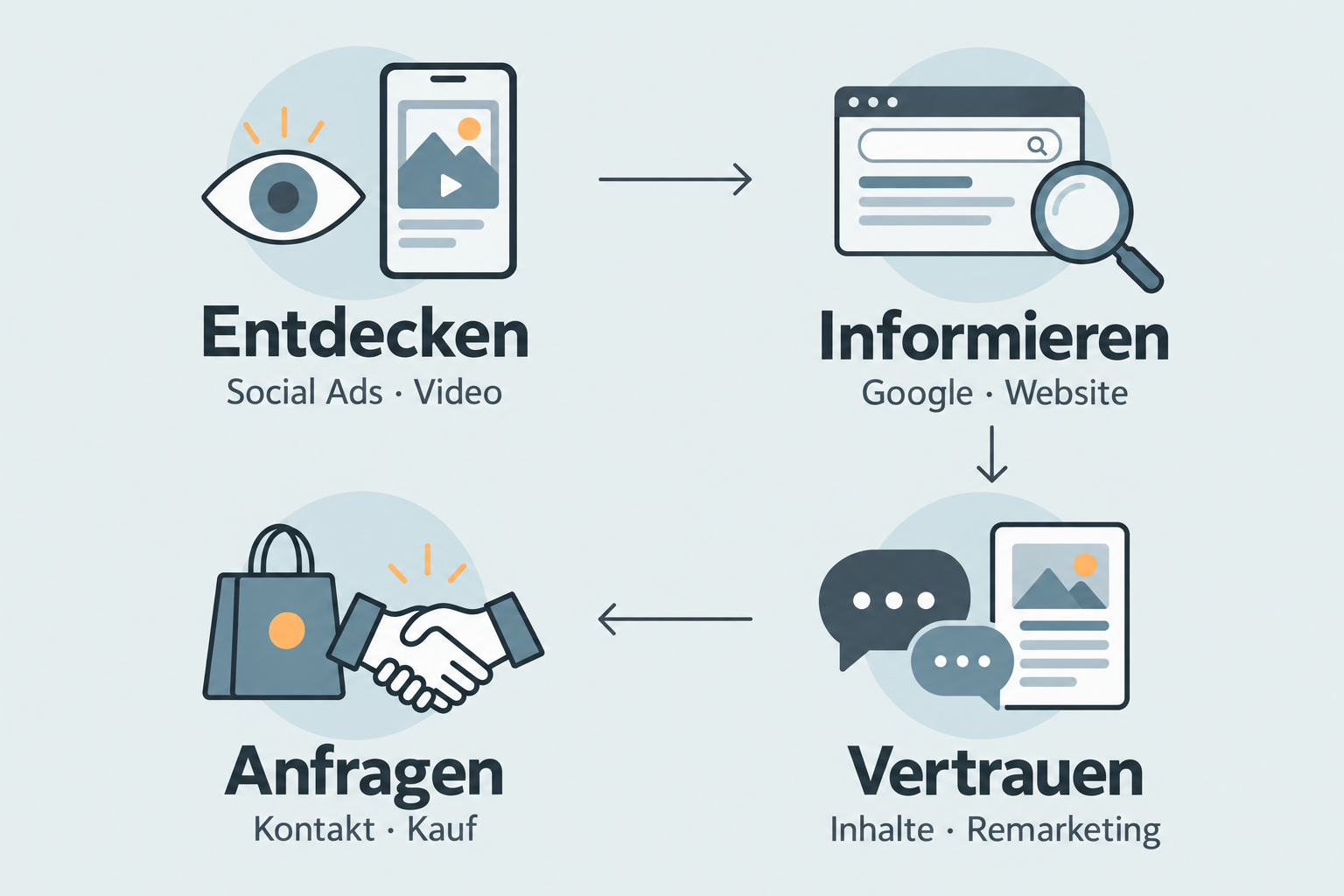 Customer Journey: Entdecken über Social Ads und Video, Informieren über Google und Website, Vertrauen durch Inhalte und Remarketing, Anfragen und Kaufen.
